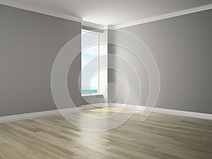 Interior of empty room with sea view 3D rendering