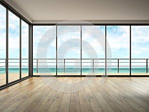 Interior of empty room with sea view 3D rendering