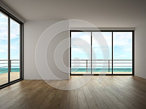 Interior of empty room with sea view 3D rendering