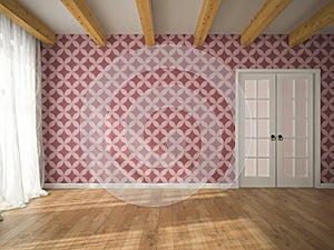 Interior of empty room with vinous wallpaper and door 3D renderi photo