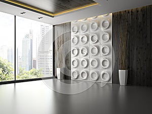 Interior of empty room with wall panel and branches 3D rendering