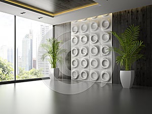 Interior of empty room with wall panel and palm 3D rendering 2