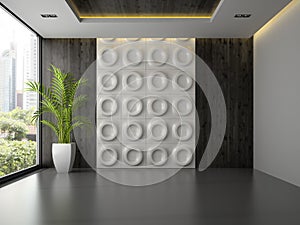 Interior of empty room with wall panel and palm 3D rendering 3