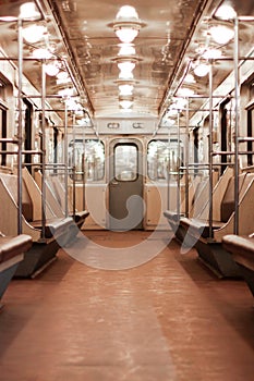 Interior of empty Sankt Petersburg subway car.