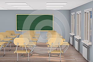 Interior empty school classroom. 3d illustration. Back to school