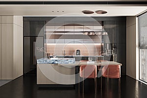 Interior of empty spacious dining space with Black laminated floor, Dining Table Adjust with counter and Pink Velvet Chairs