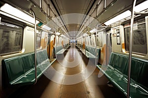 Interior of empty subway train wagon. Public transport. Generative AI
