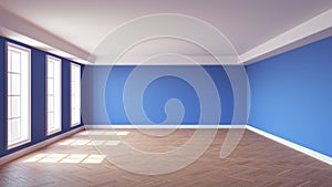Interior of the Empty Sunny Room with Blue Wall, Three Large Windows