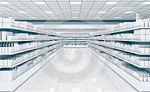 Interior empty supermarket with showcases freezer.