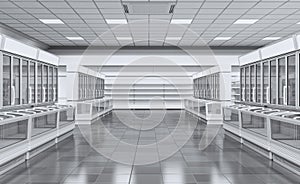 Interior empty supermarket with showcases freezer.