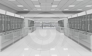 Interior empty supermarket with showcases freezer.