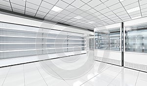 Interior empty supermarket with showcases freezer.