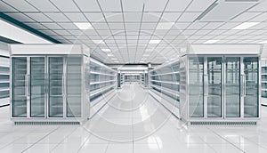 Interior empty supermarket with showcases freezer. photo