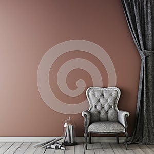 Interior with empty wall and armchair with curtain on a background of an empty wall
