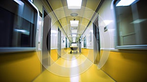 Interior of an empty yellow hospital corridor. Blurred image of the hallway.