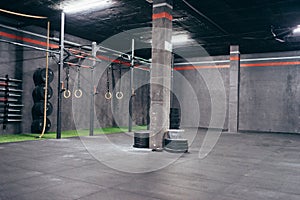 Interior of an equipped crossfit room