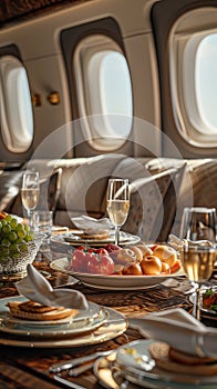 Interior of an executive corporate jet with elegance and luxury including first class food and beverages