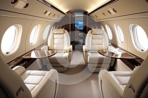 Interior of expensive private jet airline service for executive vacation, Luxury Private Airplane Jet