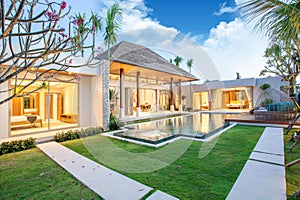 Interior and exterior design of pool villa with swimming pool of the house or home building