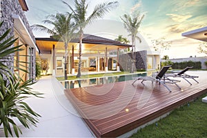 Interior and exterior design of pool villa with swimming pool of the house or home building