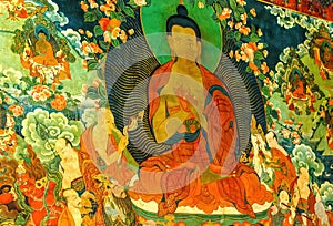 Interior of famous Buddhist Temple Jokhang in Lhasa with paintings