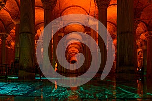 The interior of the famous Cistern Basilica is seen from the inside. Interior of landmark monument also known as Theodosius