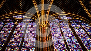 Interior Famous Saint Chapelle, Details Of Beautiful Glass Mosaic Windows