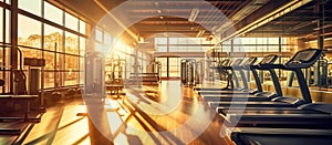 Interior of a fitness hall at sunset. Treadmill machine
