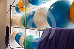 Interior of the fitness studio - colorful big balls