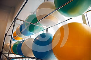 Interior of the fitness studio - colorful big balls