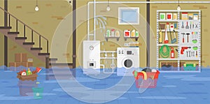 Interior flooded basement with boiler, washer, stairs, shelf with tools. Broken water pipeline with leakage. Vector illustration