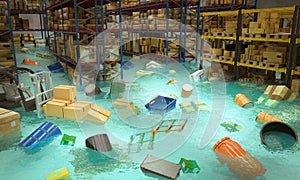 Interior of a flooded warehouse with goods floating in water