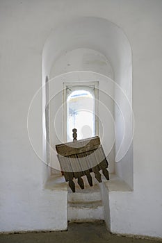 The interior of the fortress tower of a medieval monastery with a detail from the wooden roof in the Kremlin in Rostov the Great