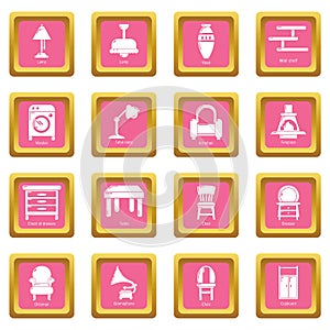 Interior furniture icons set pink square vector