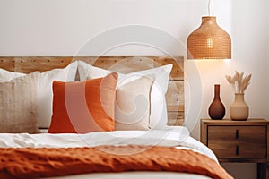 interior furniture modern pillow design lamp decor home bed orange fall. Generative AI.