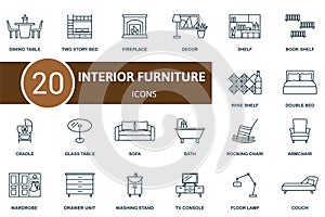 Interior furniture outline icons set. Creative icons: dining table, two story bed, fireplace, decor, shelf, book shelf