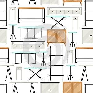 Interior and furniture pattern. Shelving with shelves, cupboards and tables