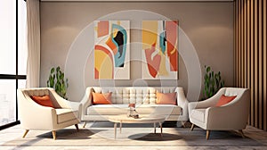 Interior Furniture, Pop art style interior design of modern living room with two beige sofas. Generative Ai