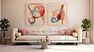 Interior Furniture, Pop art style interior design of modern living room with two beige sofas. Generative Ai