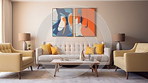 Interior Furniture, Pop art style interior design of modern living room with two beige sofas. Generative Ai