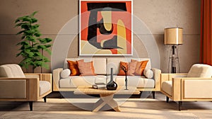 Interior Furniture, Pop art style interior design of modern living room with two beige sofas. Generative Ai