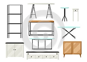 Interior and furniture set. Shelving with shelves, cupboards and tables