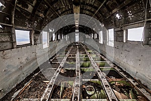 Interior of the fuselage of a wrecked DC3 aircraft