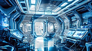 Interior of a futuristic control room of a space ship