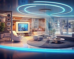 The interior of a futuristic smart house is the internet of things concept.