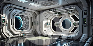 Interior of a futuristic Spacestation orbiting a planet.