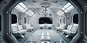 Interior of a futuristic Spacestation orbiting a planet. photo