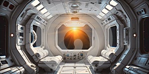 Interior of a futuristic Spacestation orbiting a Star photo