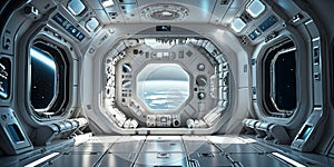 Interior of a futuristic Spacestation orbiting a planet. photo