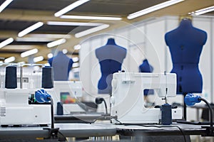 Interior of garment factory. Tailoring industry, fashion designer workshop, industry concept